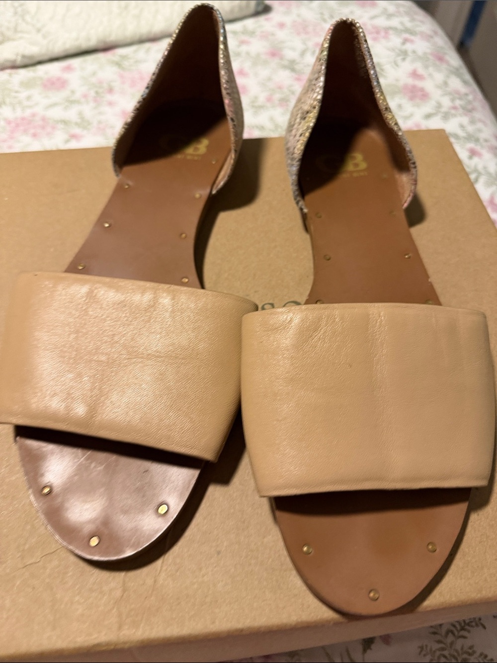 Gianni Bini Beige Tan Slide Sandals with Stud Details